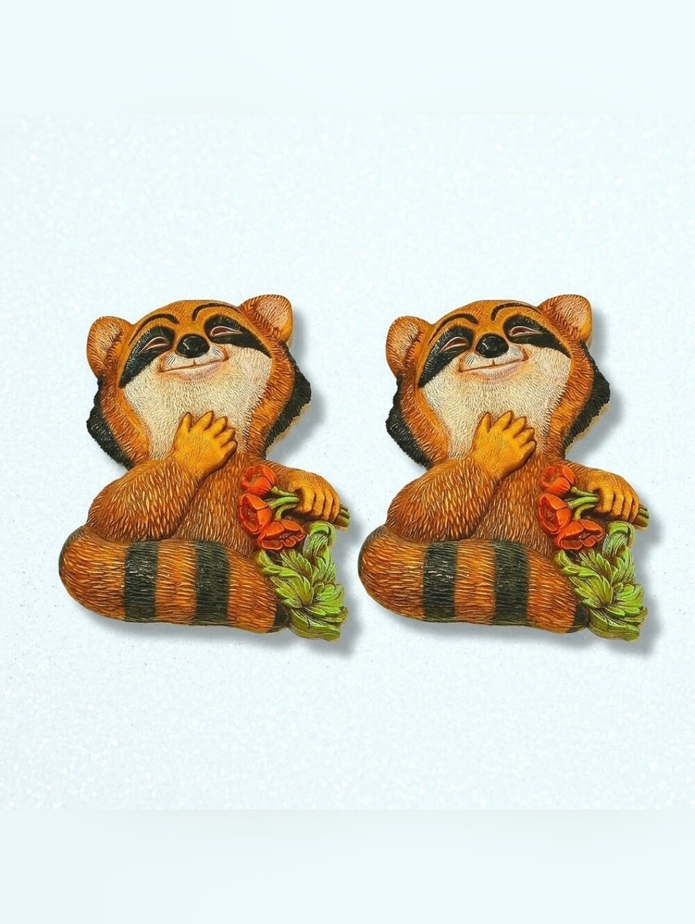 2 Adorable Vintage 1977 Raccoons with Flowers Wall Decor 12x6 inches